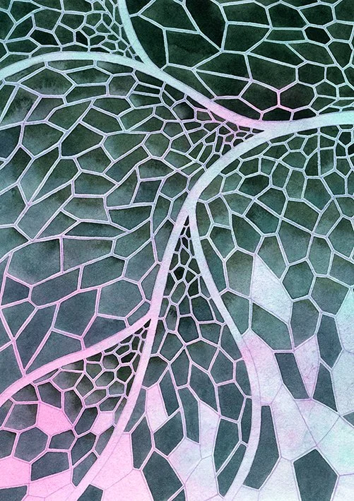 Close-up of a leaf pattern, hand painted by Joanna Ritchie in pastel hues of pink, purple, and green.