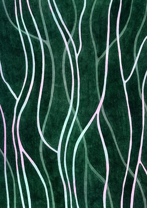 Abstract painting created by artist Joanna Ritchie, inspired by patterns in nature, with dark green background and wavy white and light purple lines.