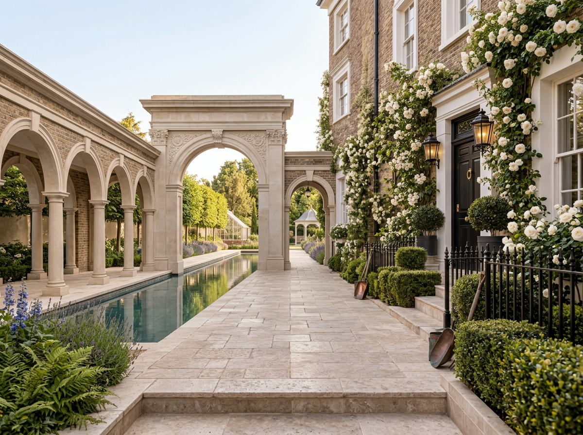 A luxurious garden pathway with classical architecture, white flowering bushes, well-manicured shrubs, and a reflecting pool, leading to a gazebo in the background.