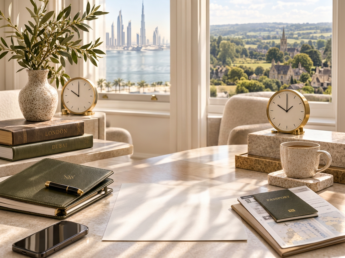 A well-lit workspace with two clocks showing different times, a green notebook with a pen, a smartphone, a white paper, and a travel passport on a large marble table. There are decorative books, a cup, and a large plant on the table. The background features large windows with views of a city skyline and a scenic countryside.