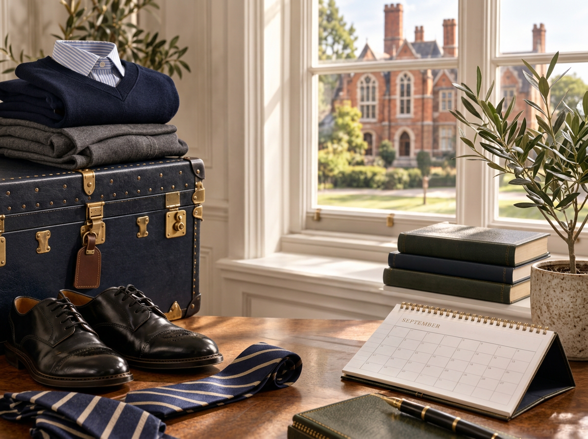 A desk with men's dress shoes, a striped tie, a calendar open to September, a few books, a pen, a plant, and a vintage suitcase, with a window showing a view of a historic brick building and trees outside.