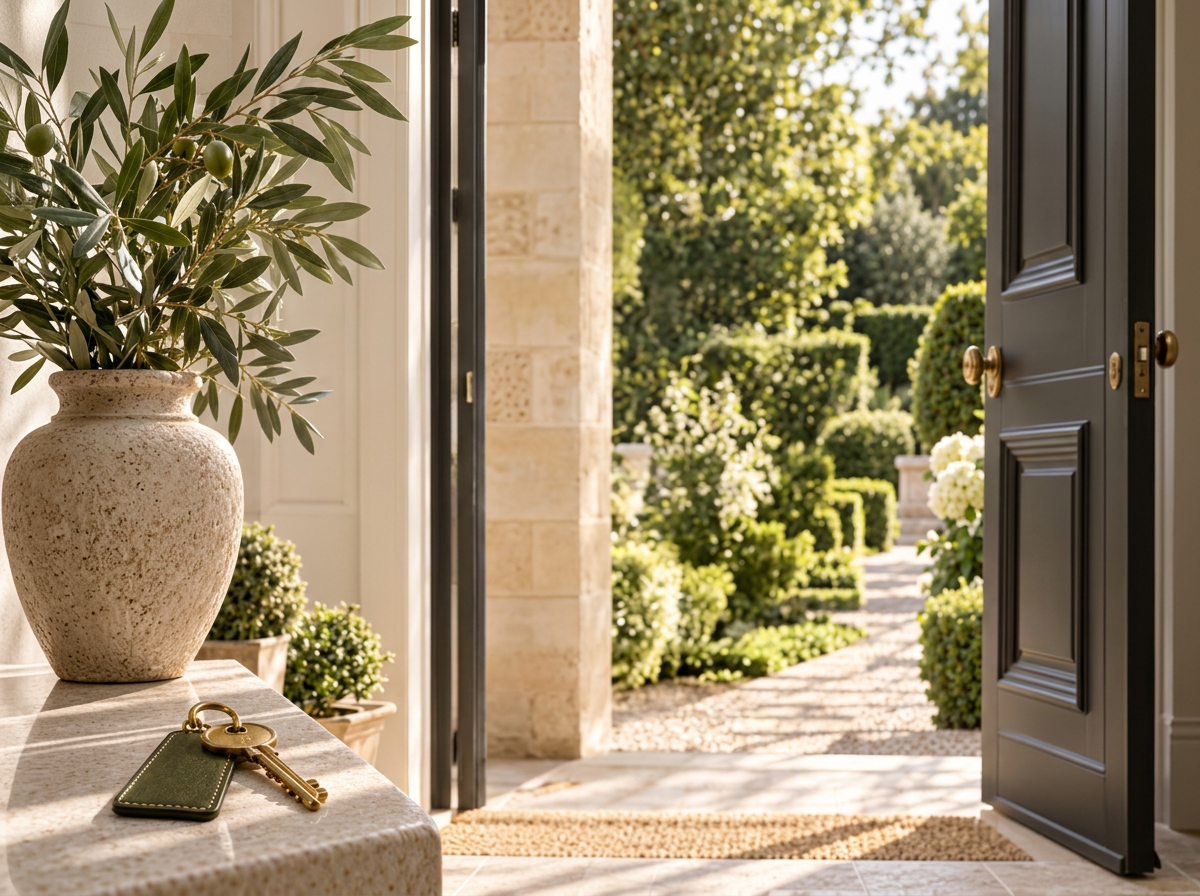 Open front door revealing a garden with trimmed bushes and trees, sunlight illuminating the pathway.