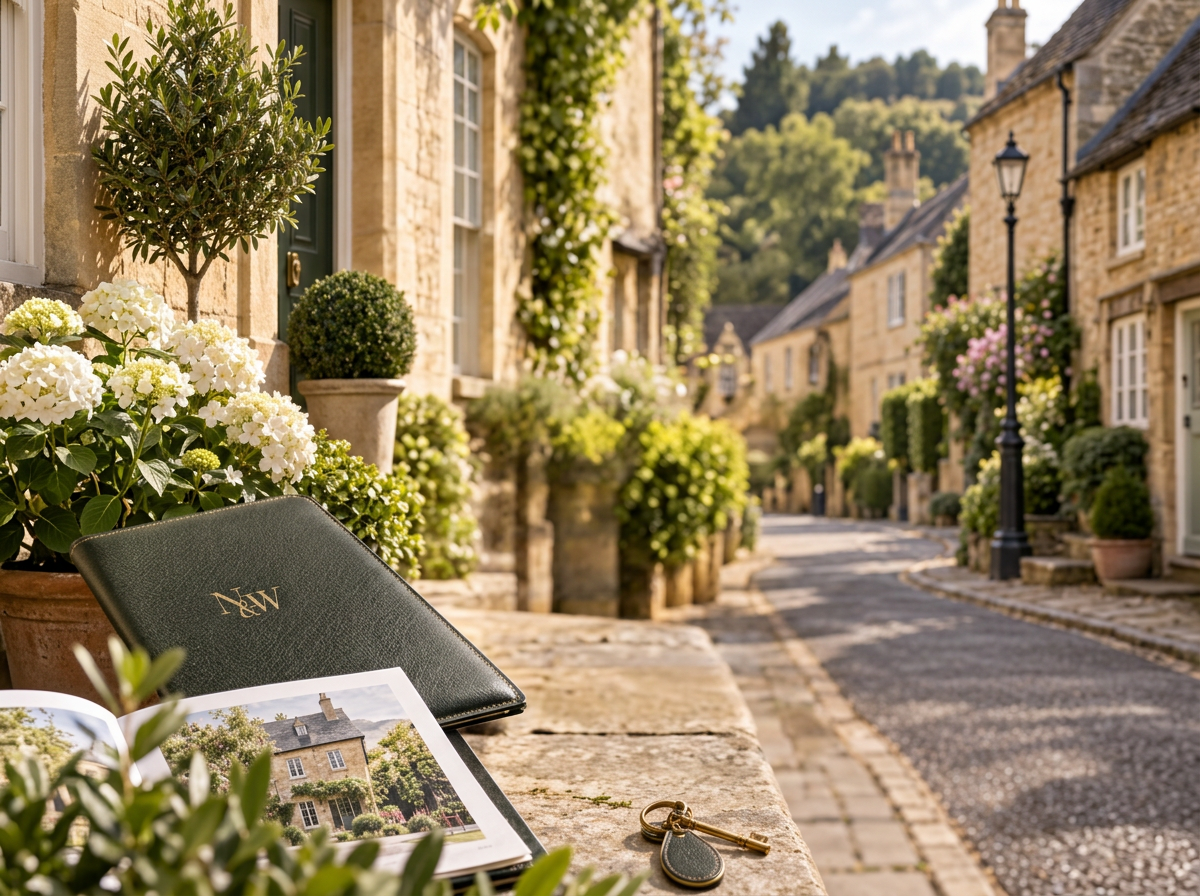 A picturesque cobblestone street in a charming European village with stone houses, lush greenery, and blooming flowers. A black leather-bound notebook with initials 'N&W', an open photo album, and a key with a leather tag are on a stone ledge in the foreground.