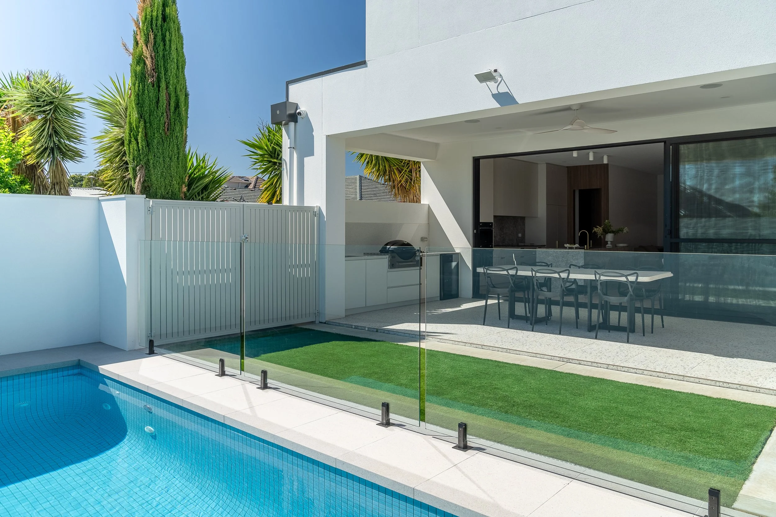 Swimming pool and covered outdoor entertaining area at the Glynde home