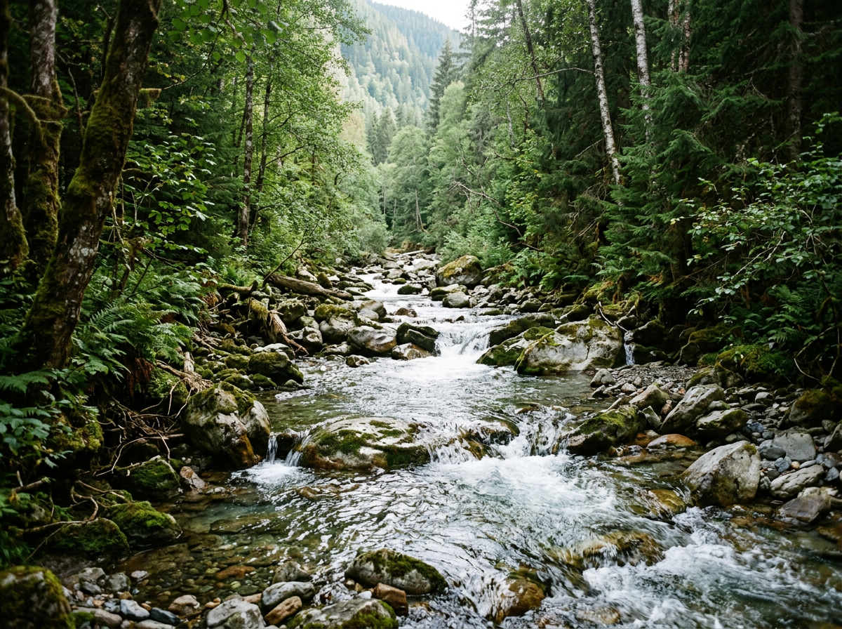 A flowing mountain river surrounded by lush green trees and rocks