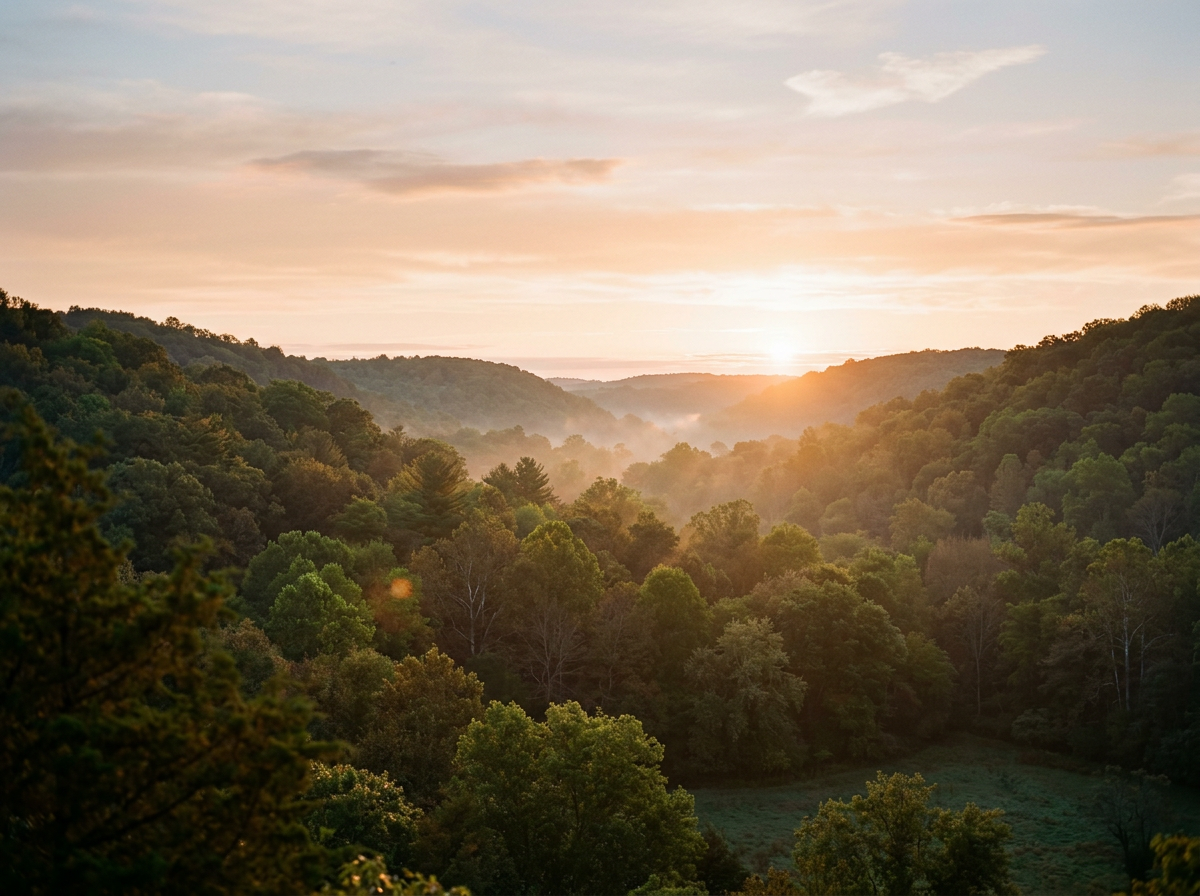 Sunrise over a lush green forested valley with mist, hills, and a partly cloudy sky.