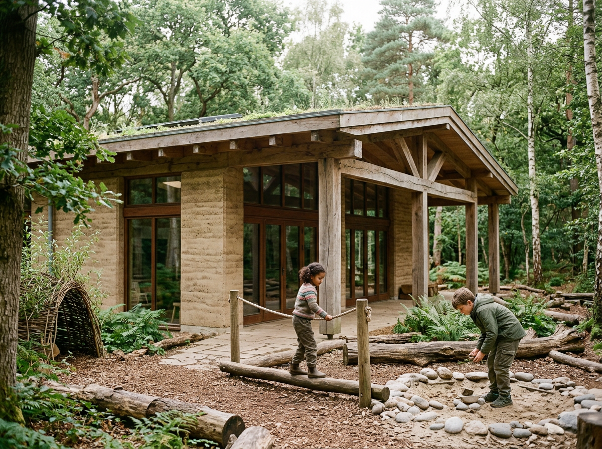 Children play in a natural outdoor setting with a modern wooden and glass building in the background, surrounded by trees and greenery.