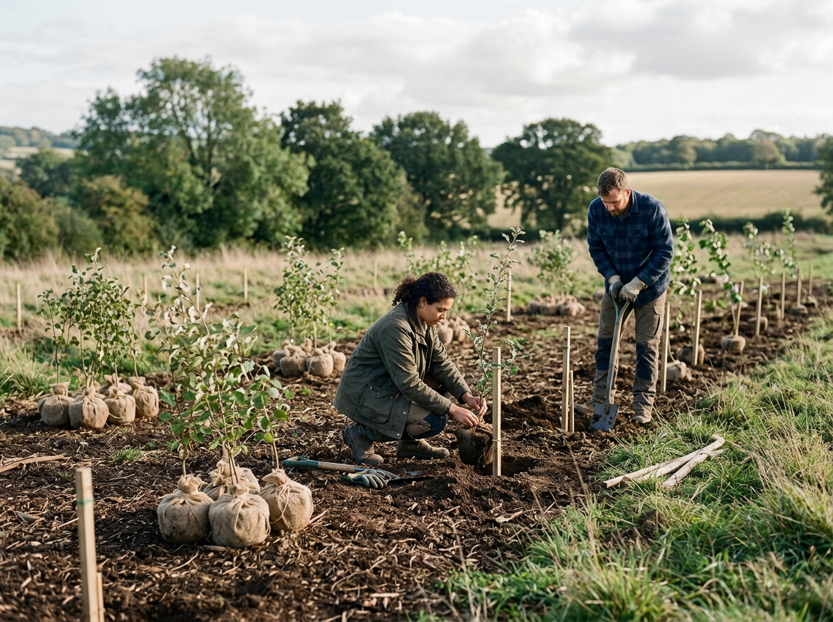 Two people planting young trees in a field with young trees wrapped in burlap, fenced in with small stakes, under a cloudy sky.