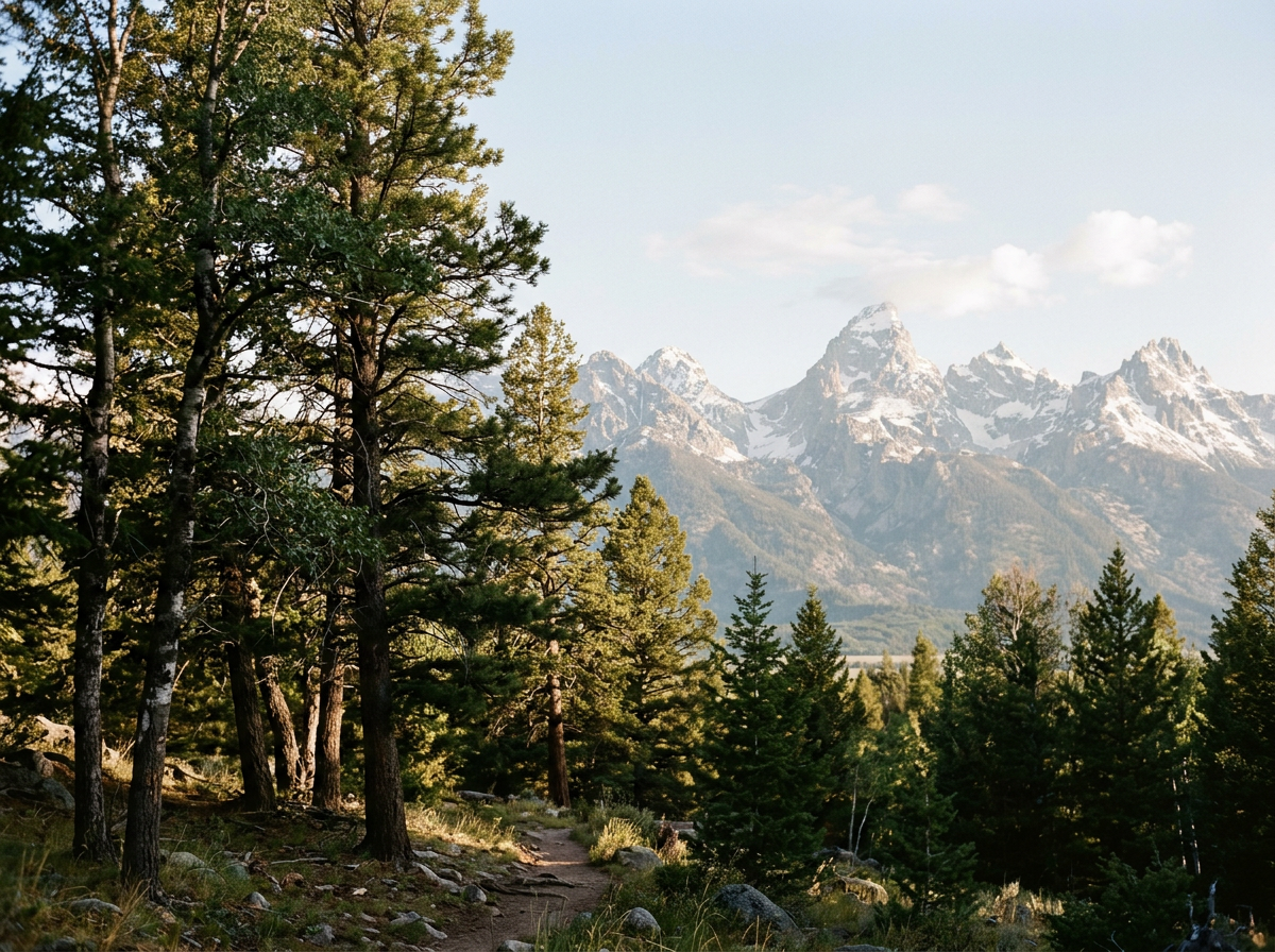 A scenic landscape of a forest with a dirt trail, pine trees, and snow-capped mountains in the background under a partly cloudy sky.
