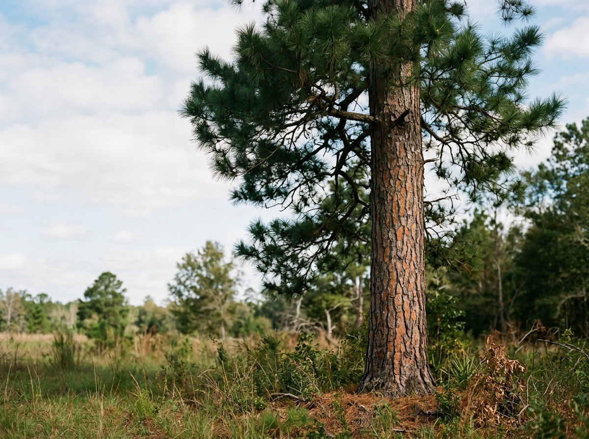 A tall pine tree with green needles standing in a grassy field with other trees in the background under a partly cloudy sky.