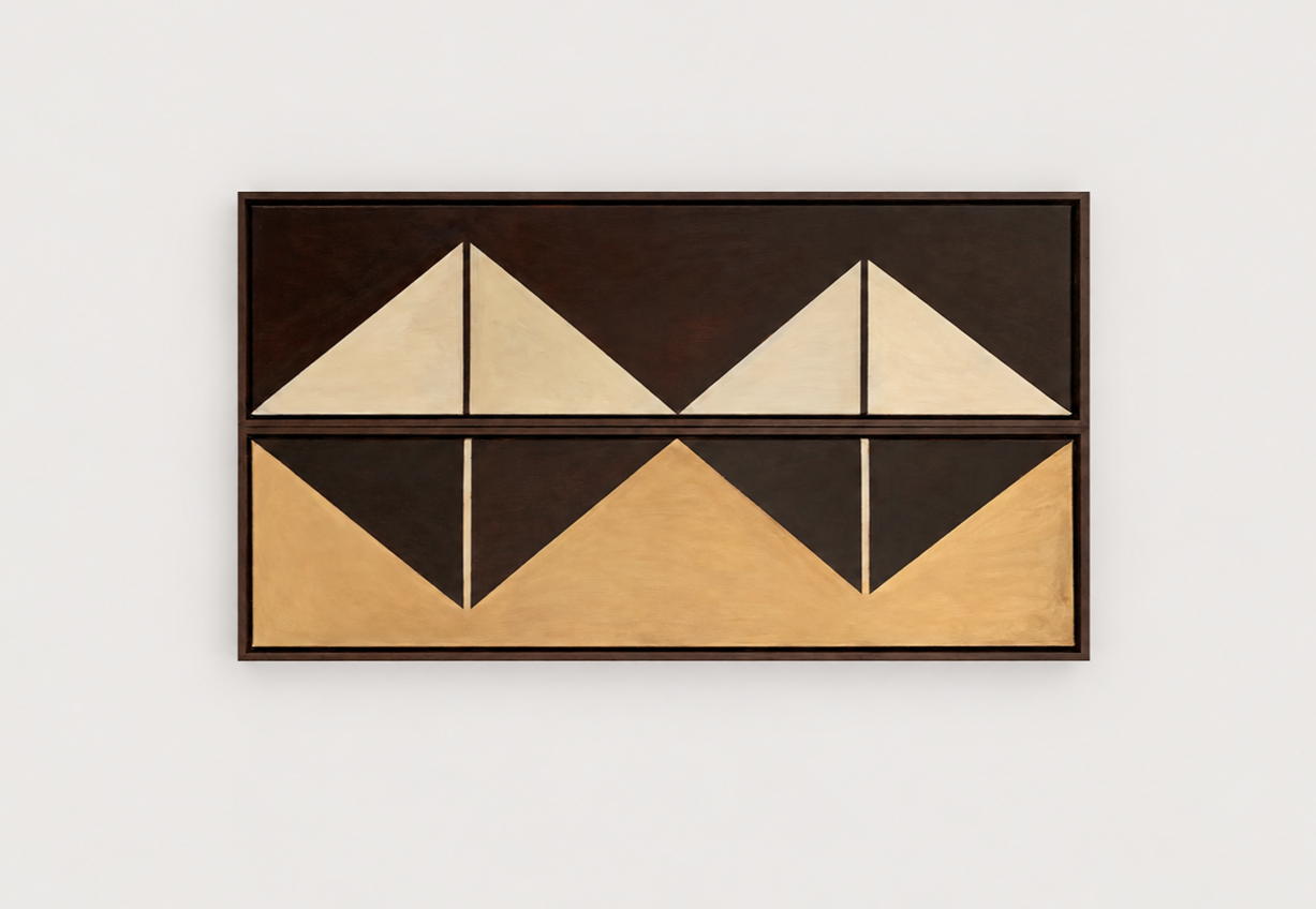 Abstract geometric painting with triangles in dark brown, beige, and gold on a white wall.