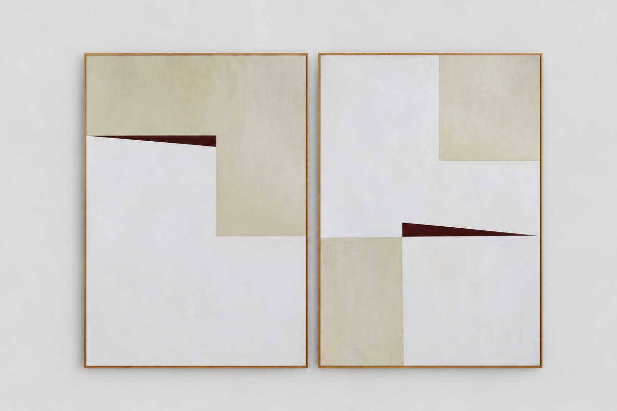 Two minimalist abstract paintings with geometric shapes in beige, white, and dark red, framed side by side on a white wall.