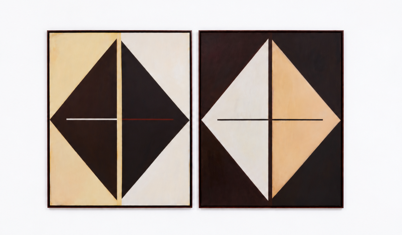 Two abstract geometric paintings side by side, each featuring a large diamond shape divided into smaller sections with contrasting black, white, and beige colors, mounted on a white wall.