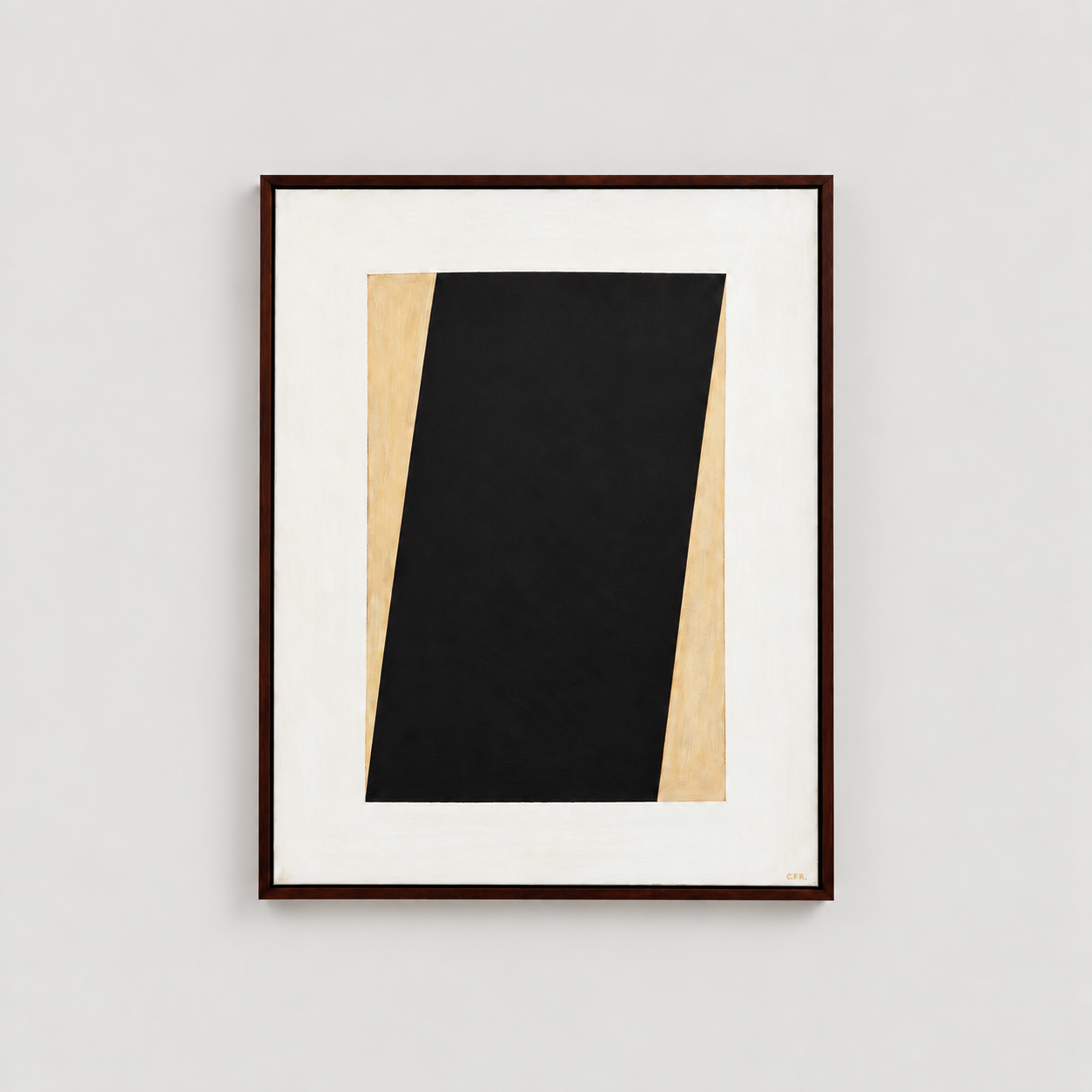 Abstract geometric painting with black, beige, and white shapes, framed in dark wood, on a plain white wall.