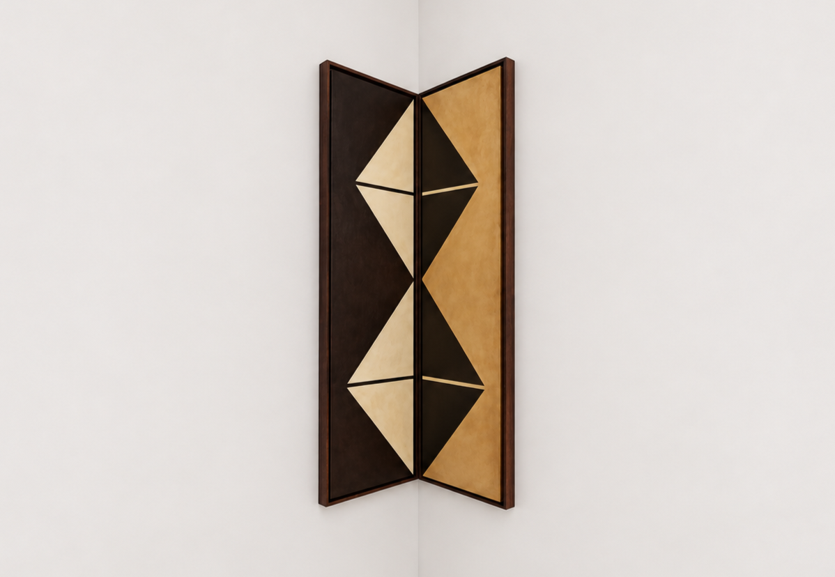 Abstract corner painting with geometric shapes in deep brown, beige, and ochre framed in dark wood, mounted on a white wall.
