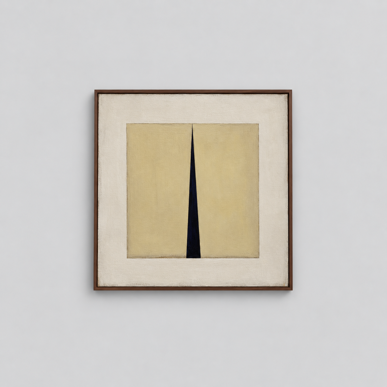 Abstract painting with a vertical black slash on a beige background, framed and hung on a white wall.