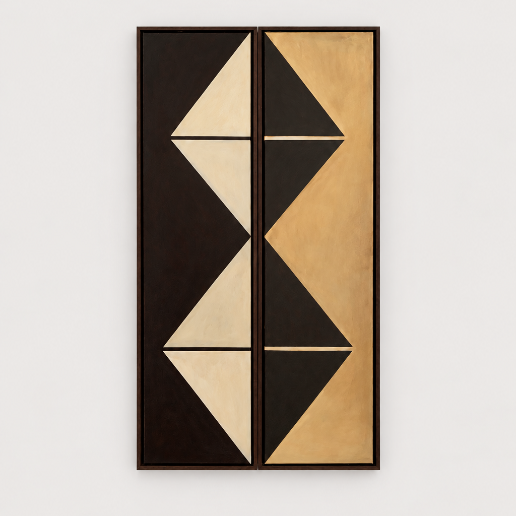A pair of vertical, rectangular, two-panel abstract paintings by Studio Earle with geometric shapes in deep brown, beige, and ochre tones on a white wall.