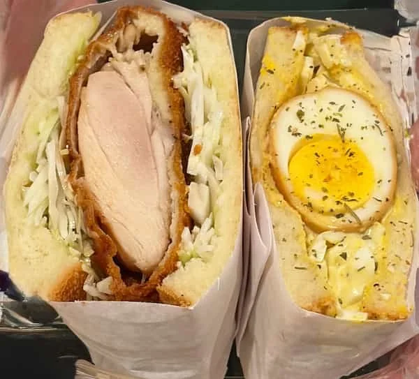 Chicken katsu sandwich and egg sandwich on Kevin's Bread shokupan at EBISUYA bakery café