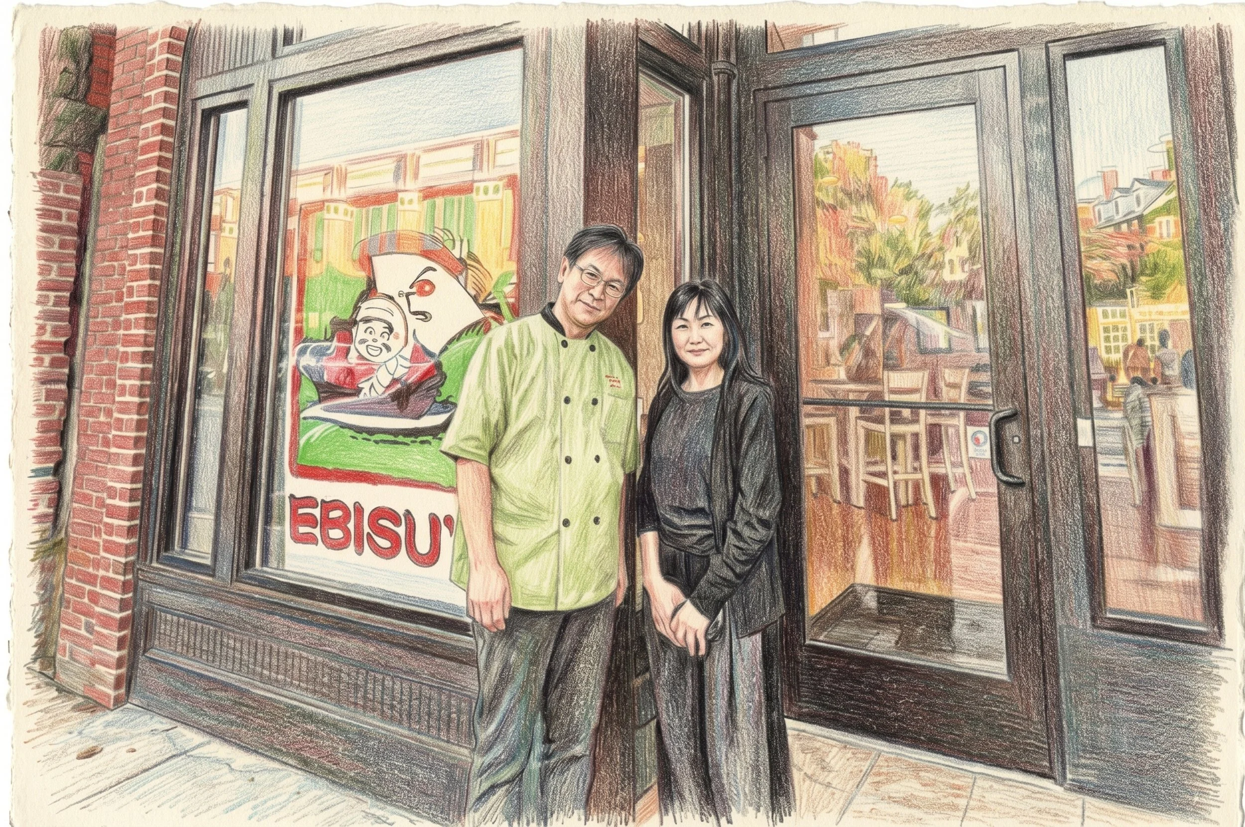 Illustrated portrait of the EBISUYA owners in front of the restaurant's brick storefront in Medford Square