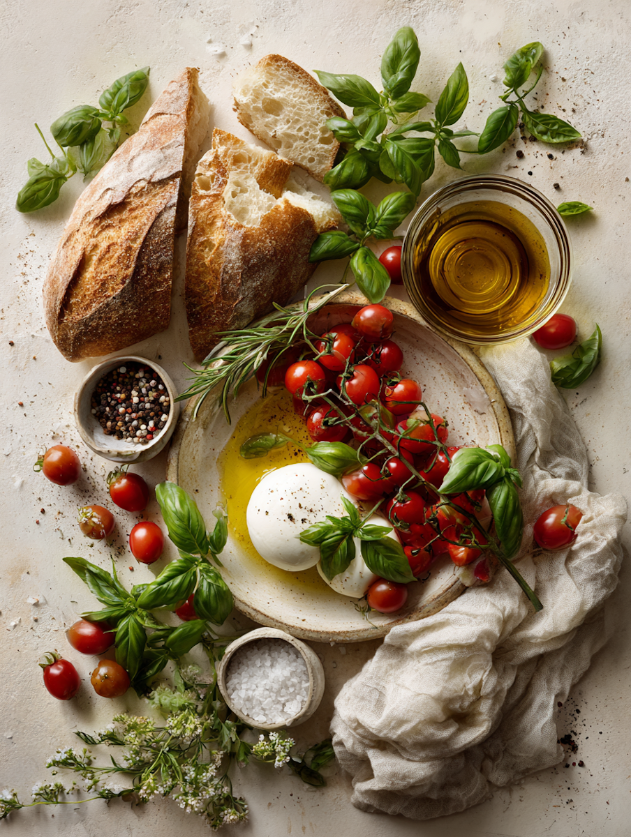 Rustic bread, burrata, cherry tomatoes, basil and olive oil on a stoneware plate