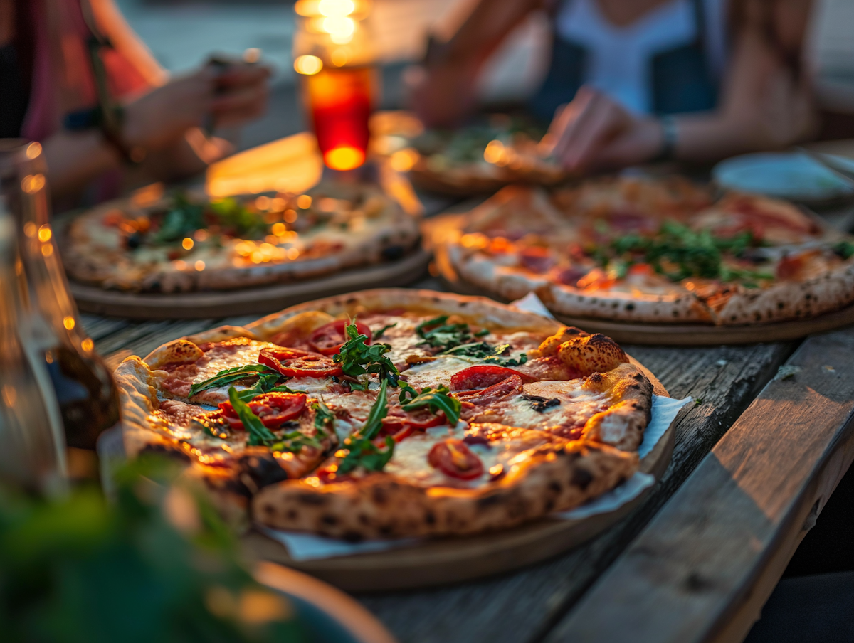 Three pizzas with various toppings on a wooden table outdoors during sunset, with people in the background.