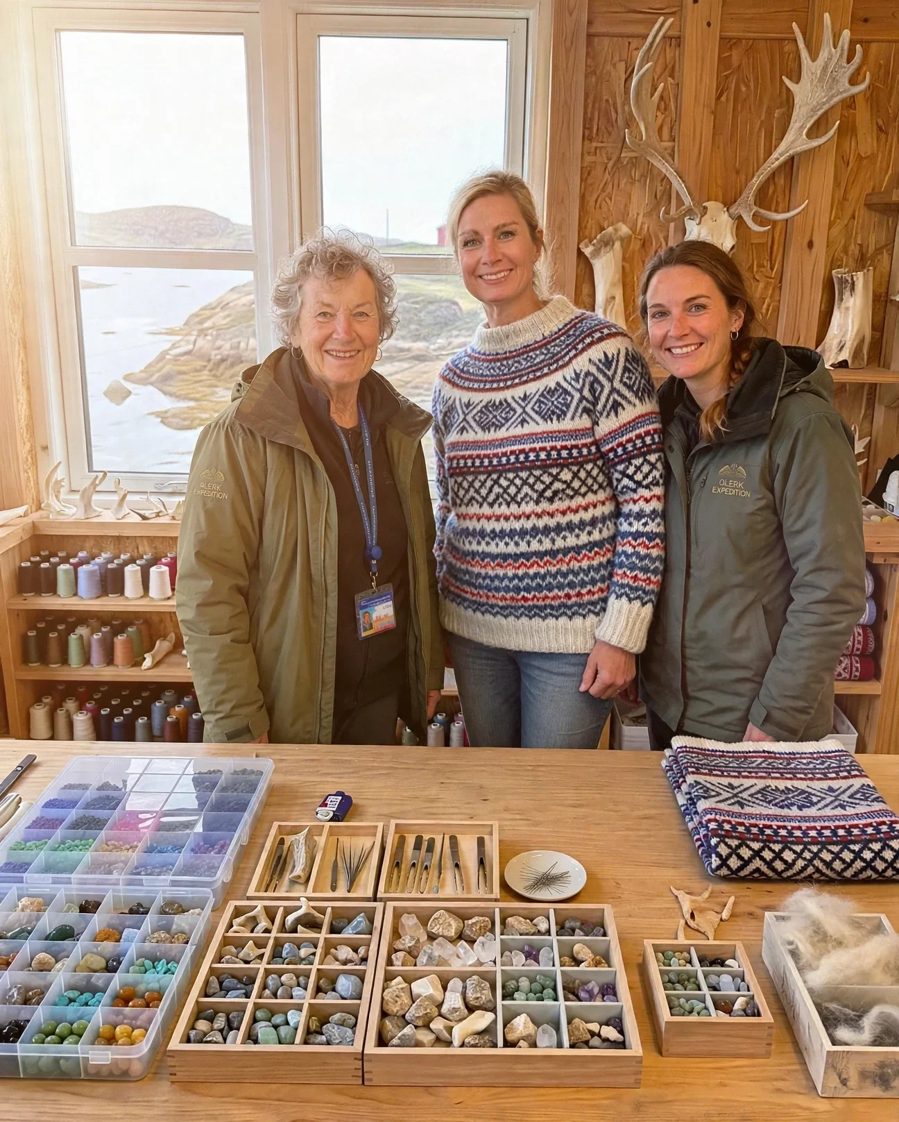 Three women standing behind a table with various stones and minerals, in a wooden room decorated with antlers and animal skulls, with a window showing a coastal landscape