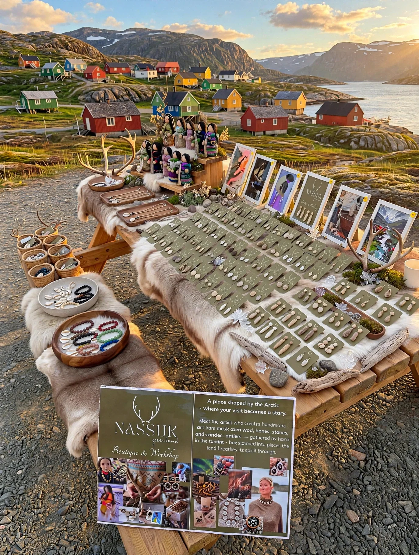 An outdoor craft market stall in a scenic Arctic landscape with colorful houses, mountains, and water in the background. The stall displays handmade jewelry and crafts, including necklaces, earrings, and decorative items, with signs and posters describing the art. Deer antler decorations are also part of the display.