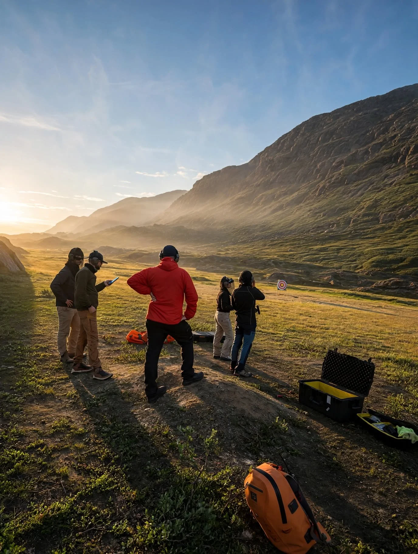 A group of people preparing for or participating in an outdoor activity, likely shooting or target practice, in a scenic mountainous area at sunset. They are gathered around equipment, with some wearing headphones and holding phones, and a target is visible in the background.