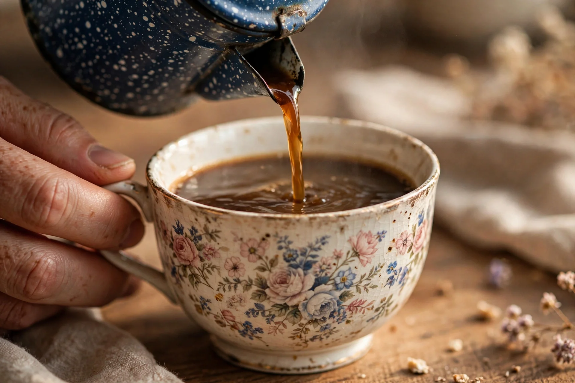 A close-up of a person's hand holding a vintage floral teacup, with hot coffee being poured into it from a speckled blue teapot, on a rustic wooden surface.