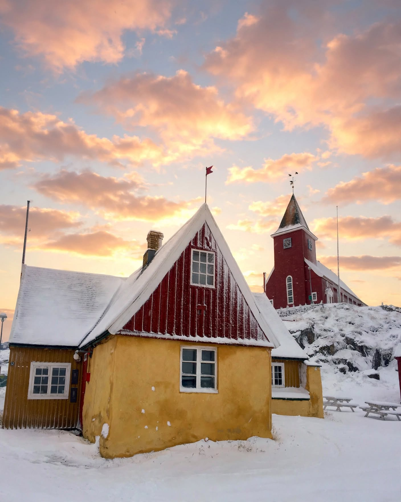 Colorful sunset sky with pink and orange clouds over snow-covered houses, including a yellow house with a steep roof in the foreground and a red church with a clock tower in the background.