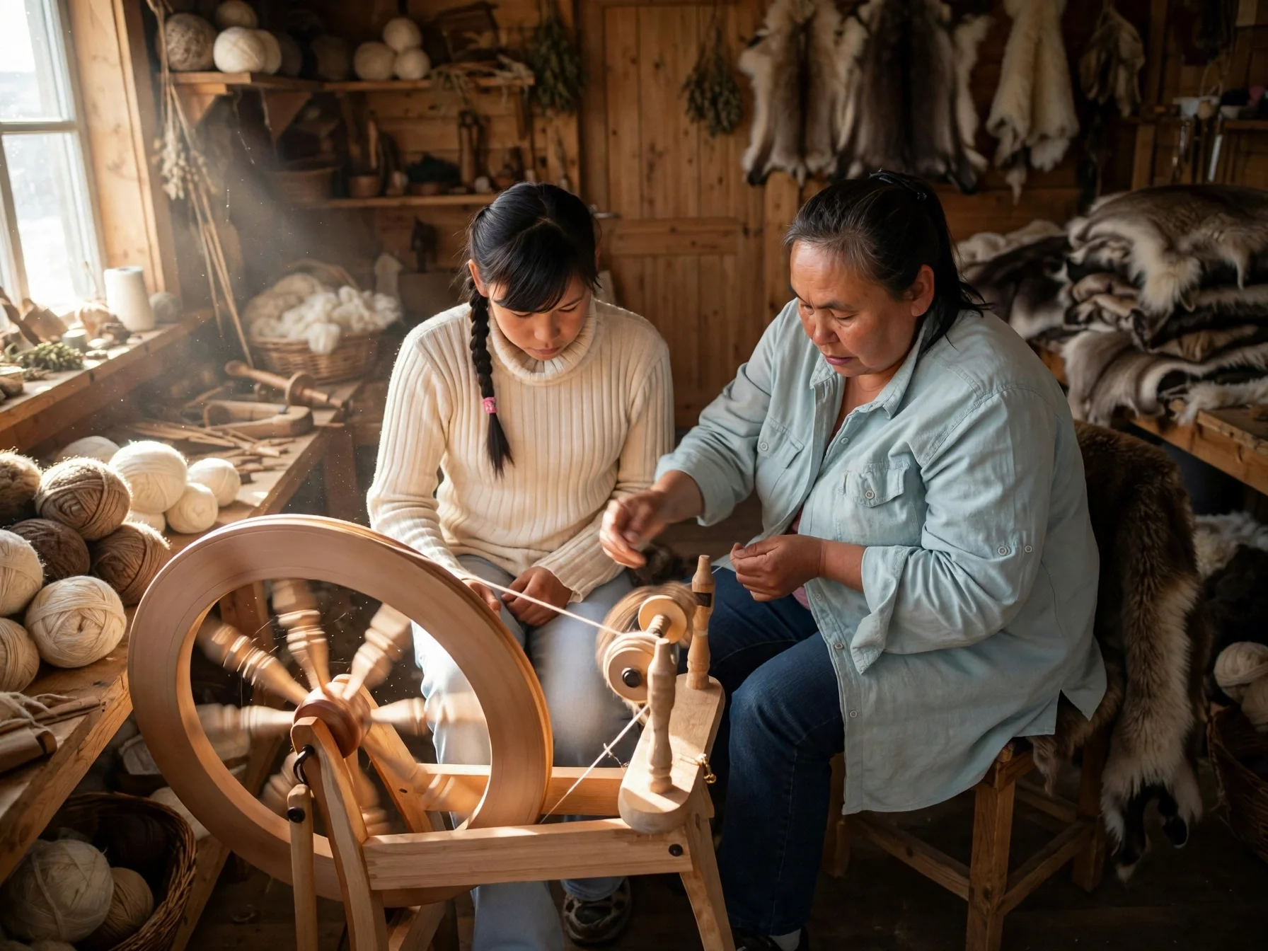 Two women working together on a spinning wheel in a cozy, wood-paneled craft room filled with wool and animal pelts.