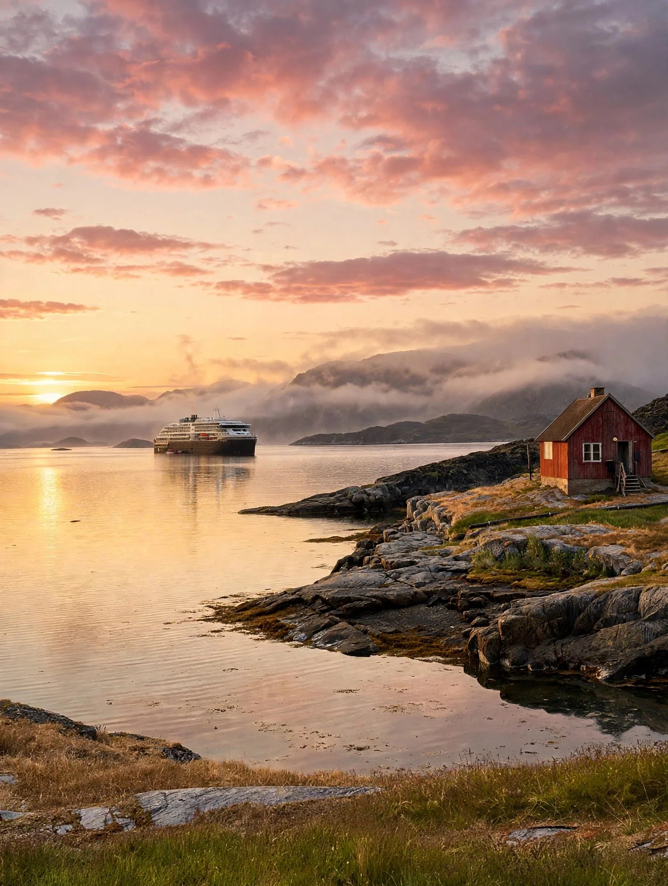 A serene landscape during sunset showing calm water, a cruise ship in the distance, mountains partially covered in clouds, and a small red house on the rocky shoreline.