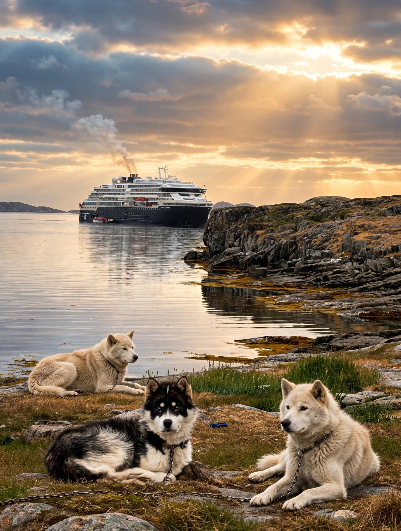 A scenic view of a large ship in the water near a rocky shoreline during sunset. In the foreground, four husky dogs are resting on the grass and rocks, with a cloudy sky overhead.