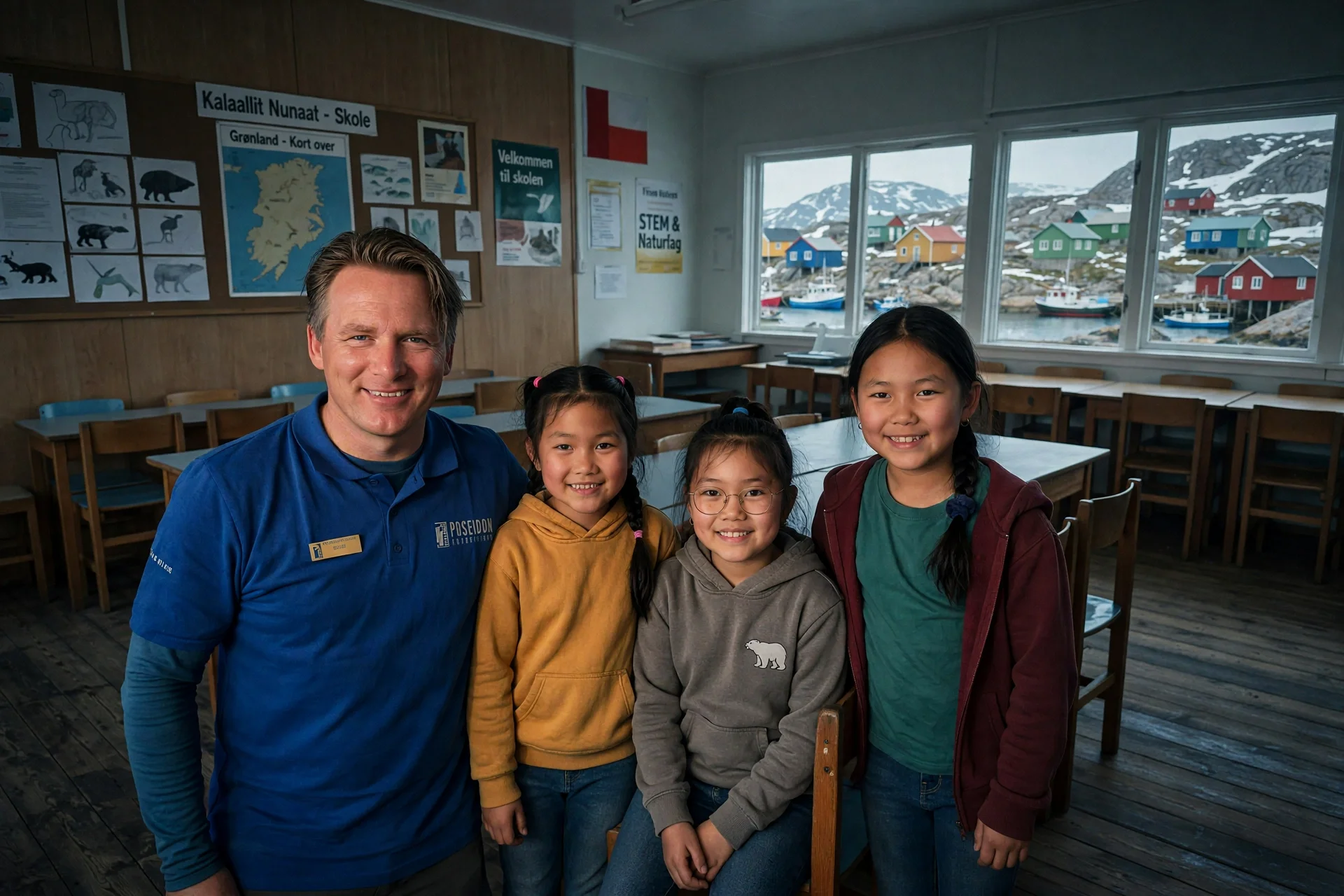 A man and four young girls posing inside a classroom with wooden floors and large windows showing colorful houses on a hillside and boats in a harbor.