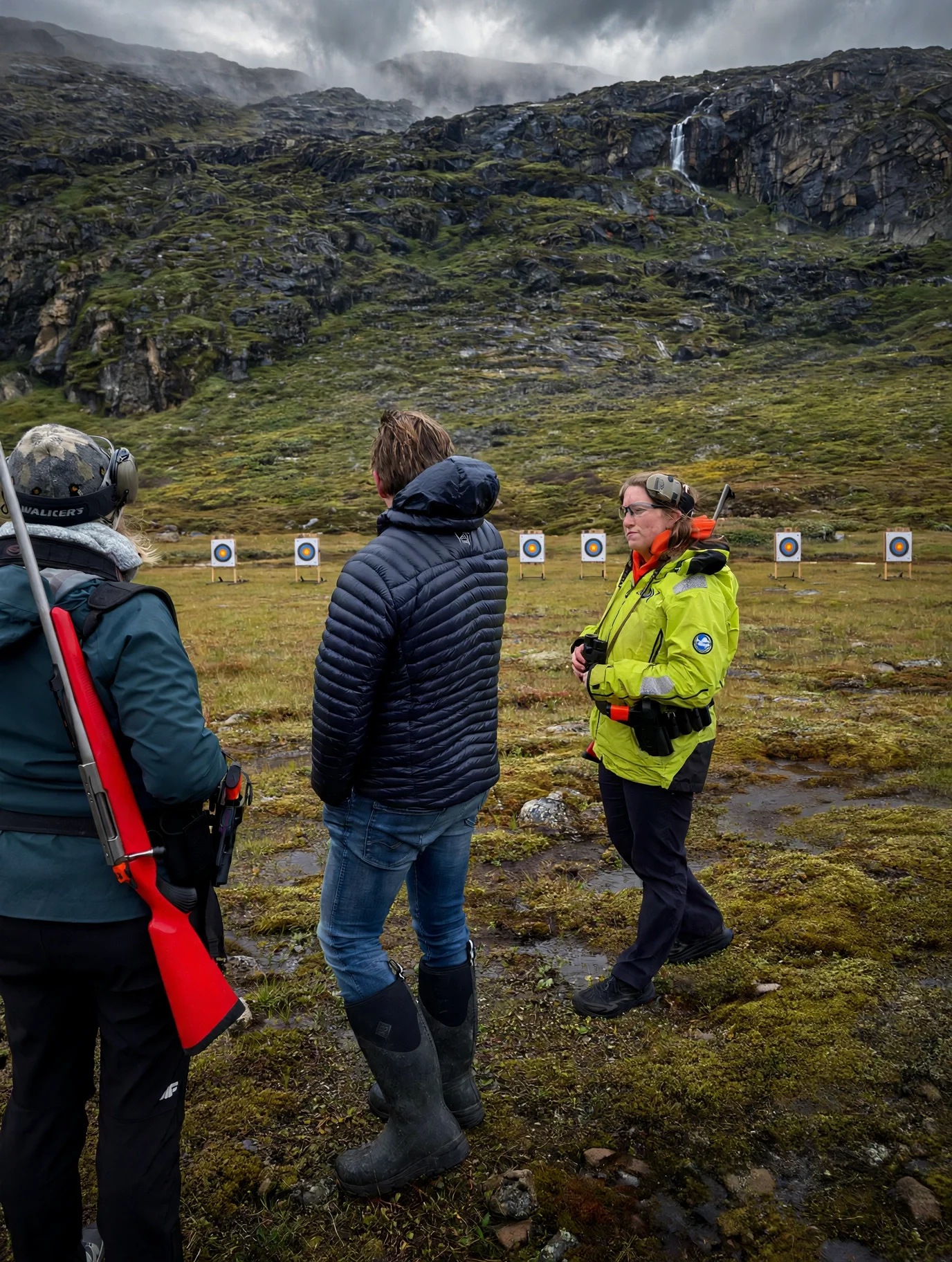 Three people standing in front of a target practice range outdoors, with a mountainous landscape and waterfall in the background. Two individuals are facing away, and one, wearing a yellow jacket and glasses, is holding a radio.