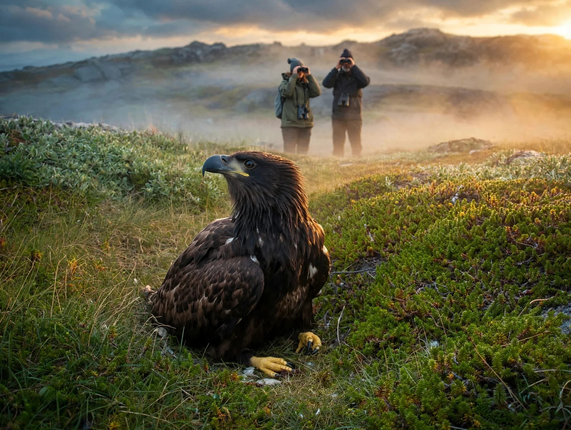 Close-up of a large bird of prey, possibly a golden eagle, sitting on the ground in a grassy, green area with bushes. In the background, two people with binoculars are observing the scene, with mist and a mountainous landscape during sunset.