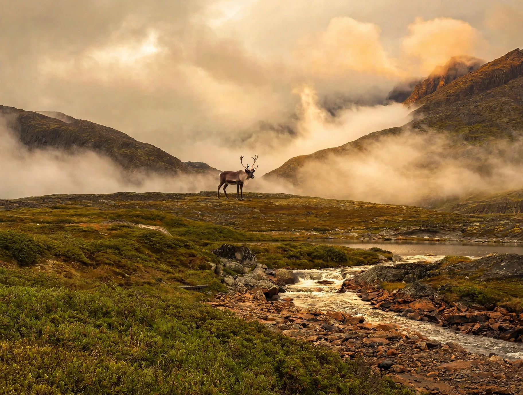 A lone reindeer standing on a grassy landscape with a stream, rugged hills, and fog-covered mountains in the background, under a cloudy sky.