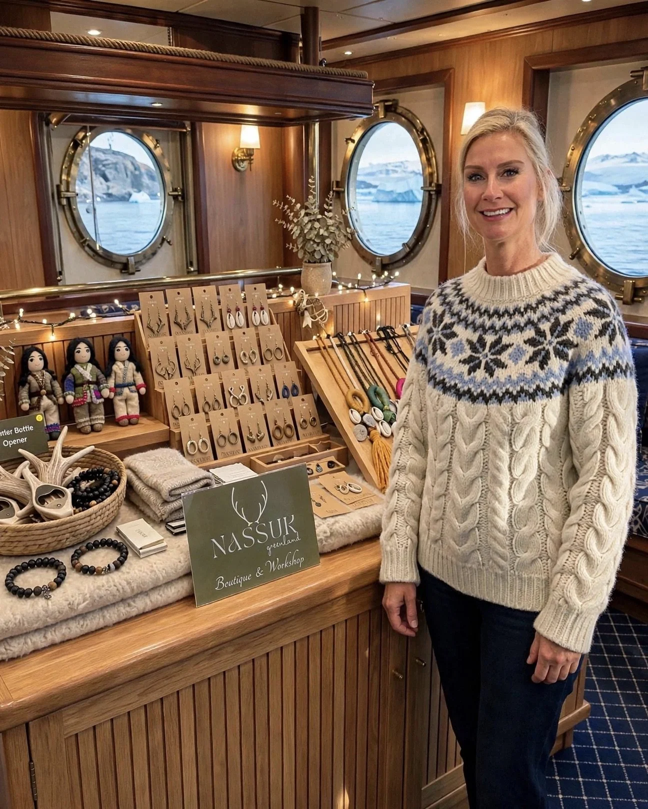 A woman in a cozy, patterned sweater standing next to a jewelry display on a wooden counter inside a boat or ship. The display includes earrings, necklaces, bracelets, and small dolls. There is a sign that says "NASSUK Greenland Boutique & Workshop." The background shows round porthole windows with a view of icy water and icebergs.