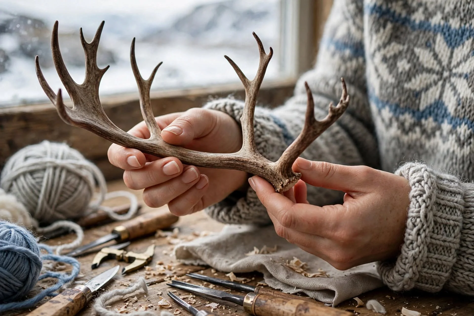 An Artist  holding a deer antler in a workshop with yarn, knitting tools, and wood shavings on a wooden surface.