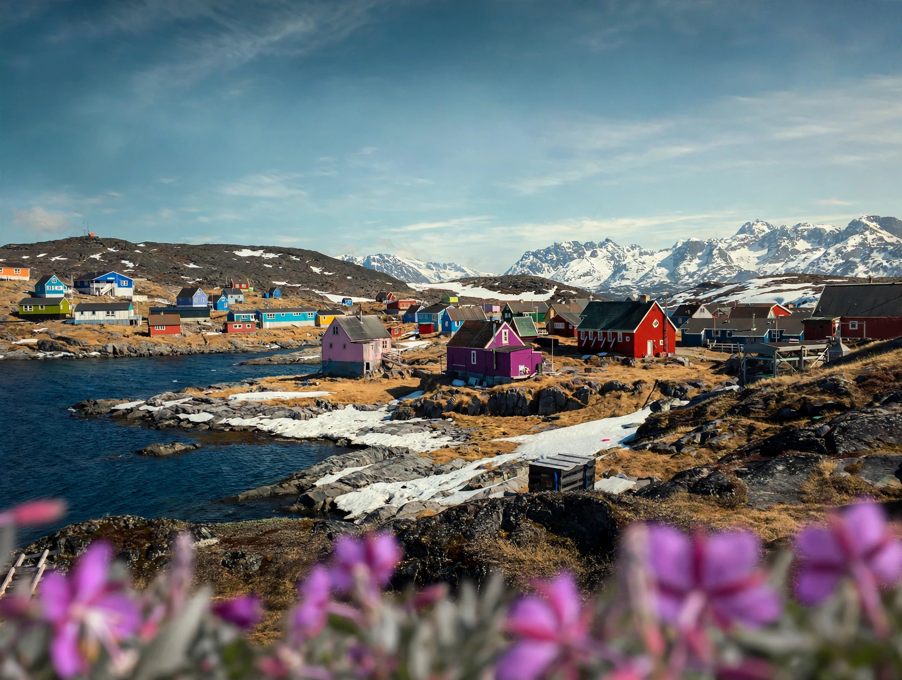 A colorful coastal village with houses in pink, red, blue, green, and purple along a rocky shoreline, with snow-capped mountains in the background and purple flowers in the foreground.