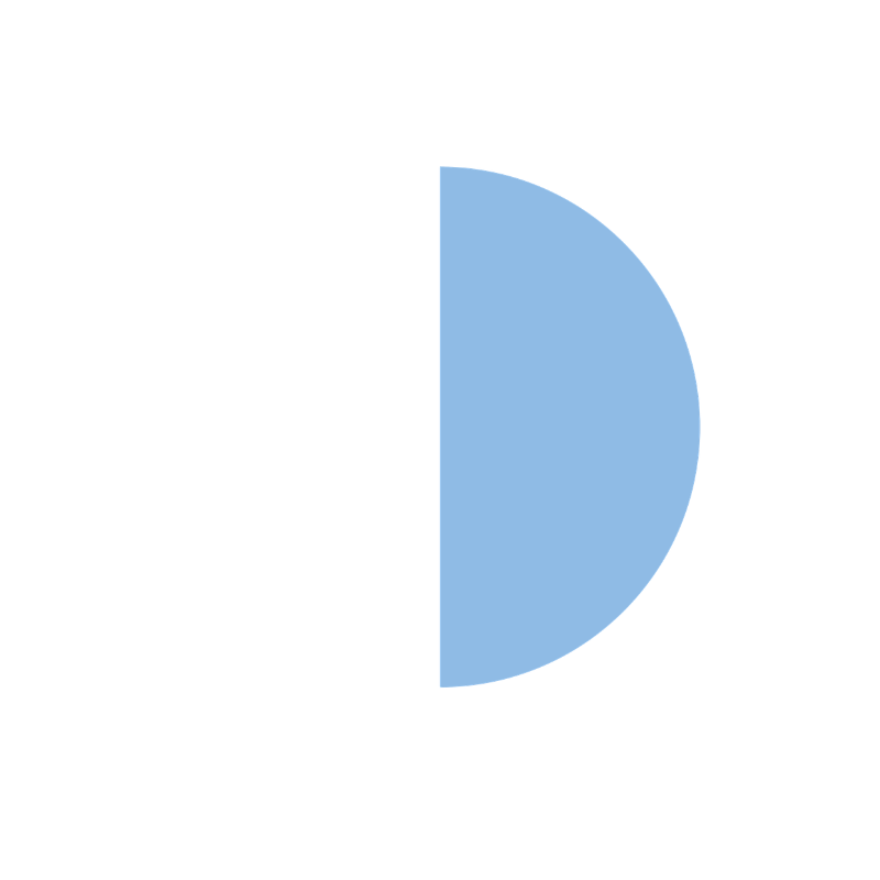 A pie chart with half of the circle shaded in light blue.