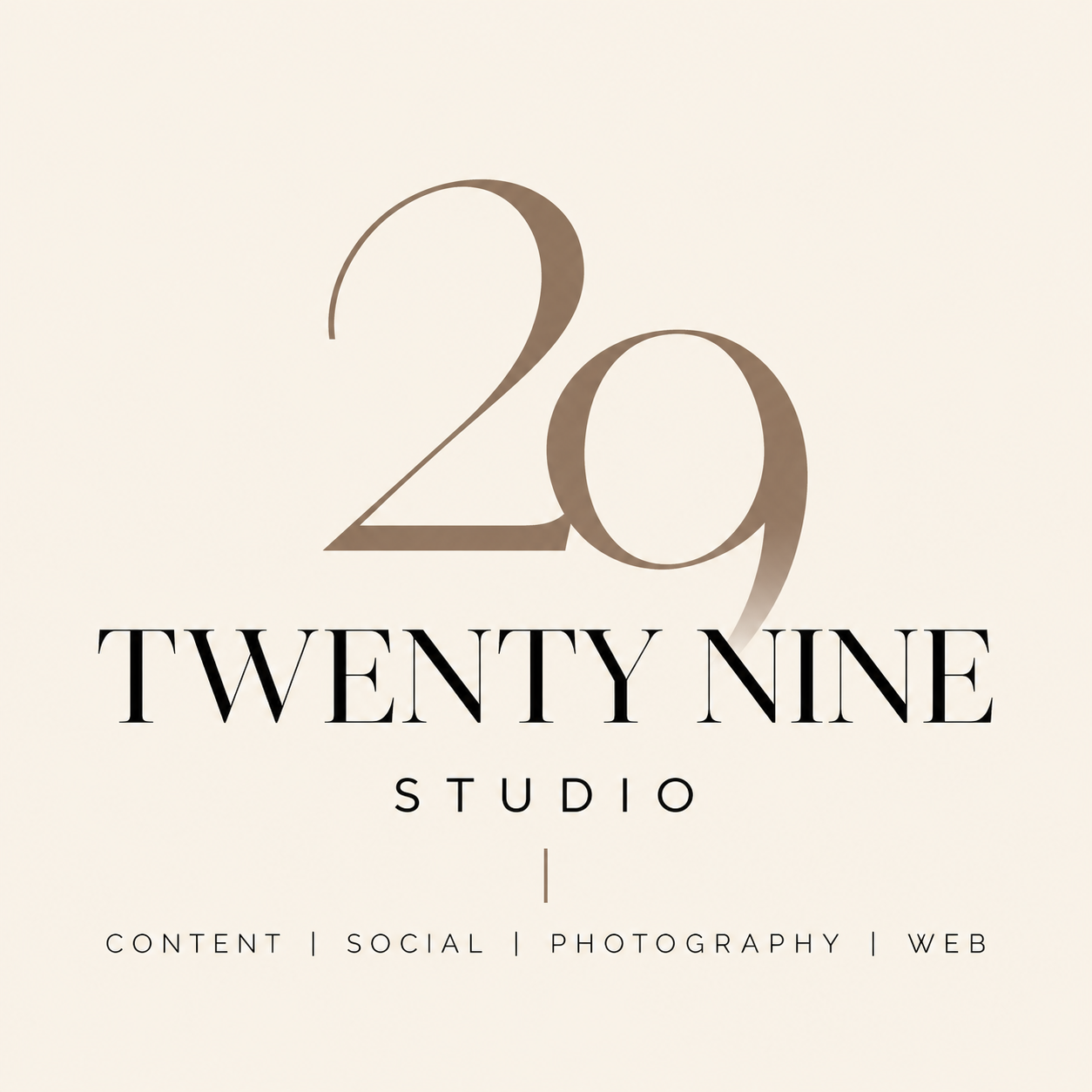 Logo for Twenty Nine Studio with large '29' and text 'TWENTY NINE' and 'STUDIO' below, listing services for content, social, photography, and web.
