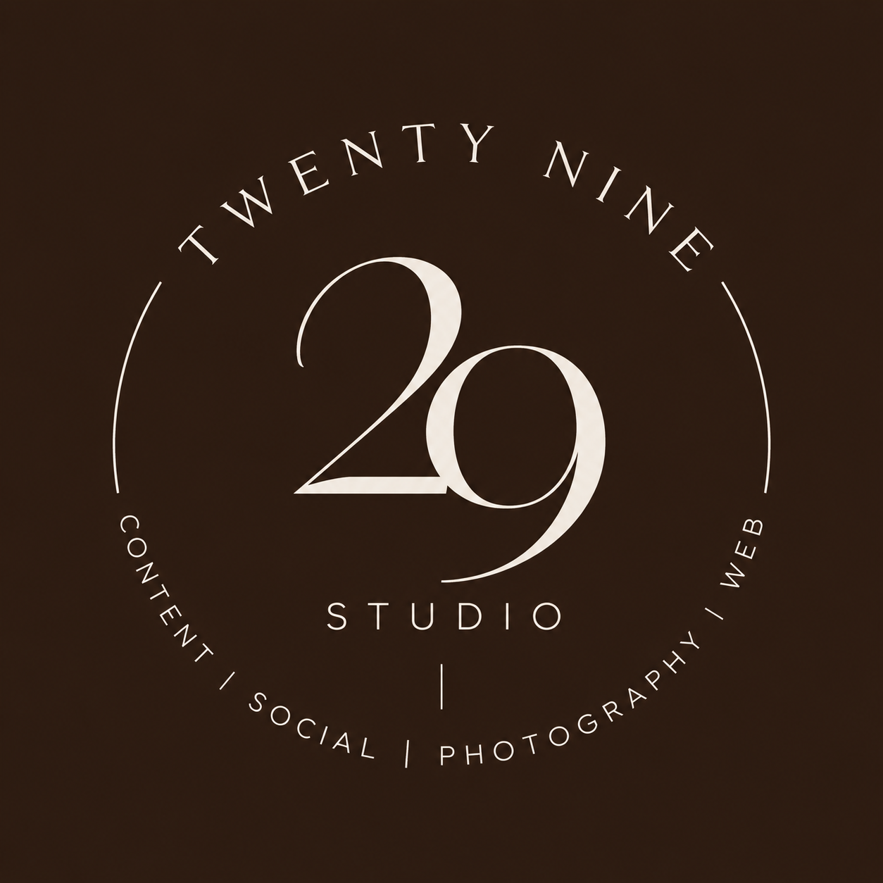 Logo for Twenty Nine Studio with large stylized number 29 in the center, surrounded by the words 'Twenty Nine Studio' and services 'Content, Social, Photography, Web' in a circular layout against a brown background.