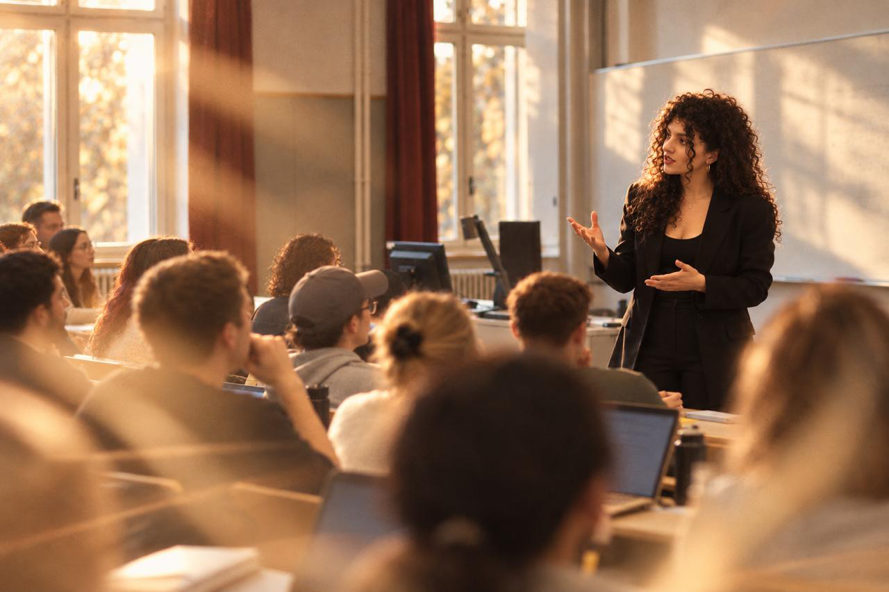 Eine Lehrerin erklärt einer Gruppe von Studenten in einem Klassenzimmer bei Sonnenlicht.