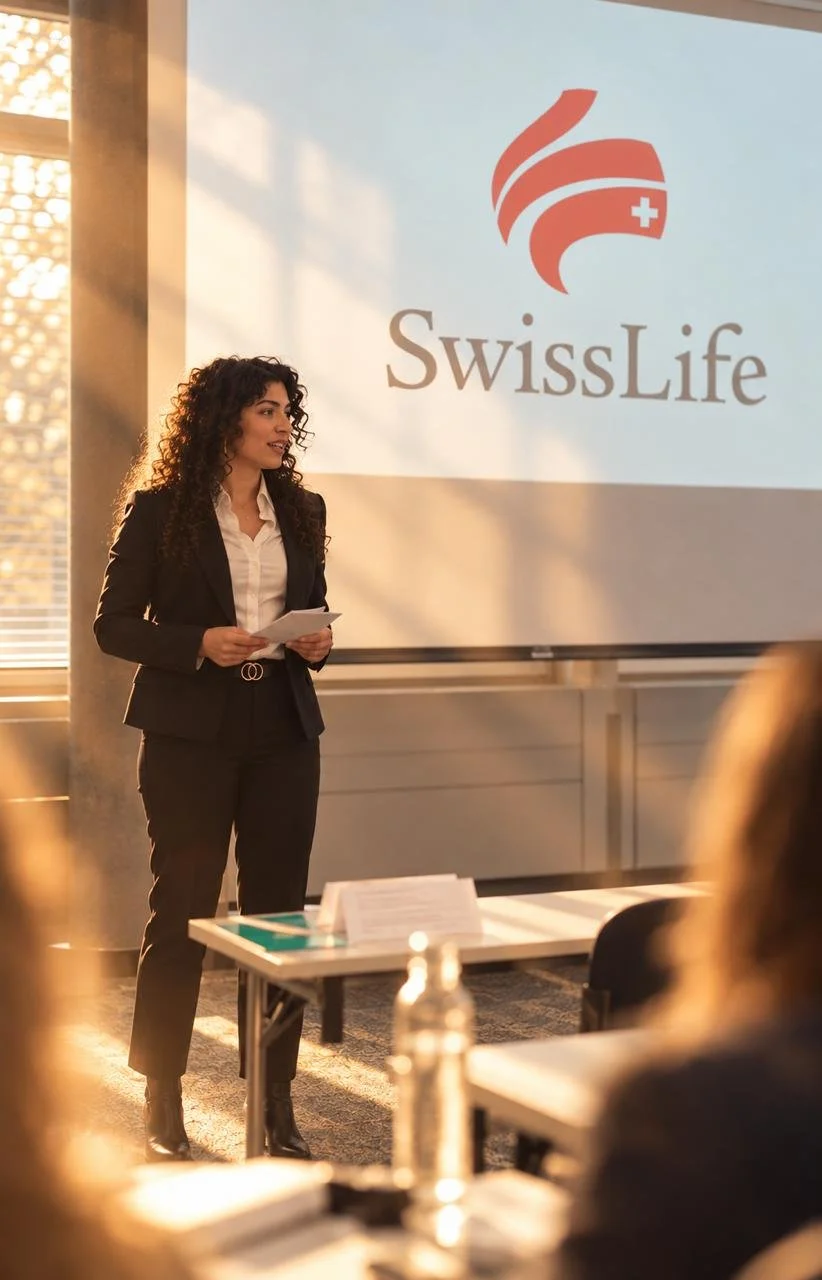 Eine Frau in formeller Kleidung präsentiert vor einer Gruppe von Menschen, mit einem Projektor hinter ihr auf dem Bildschirm, auf dem das SwissLife-Logo zu sehen ist.