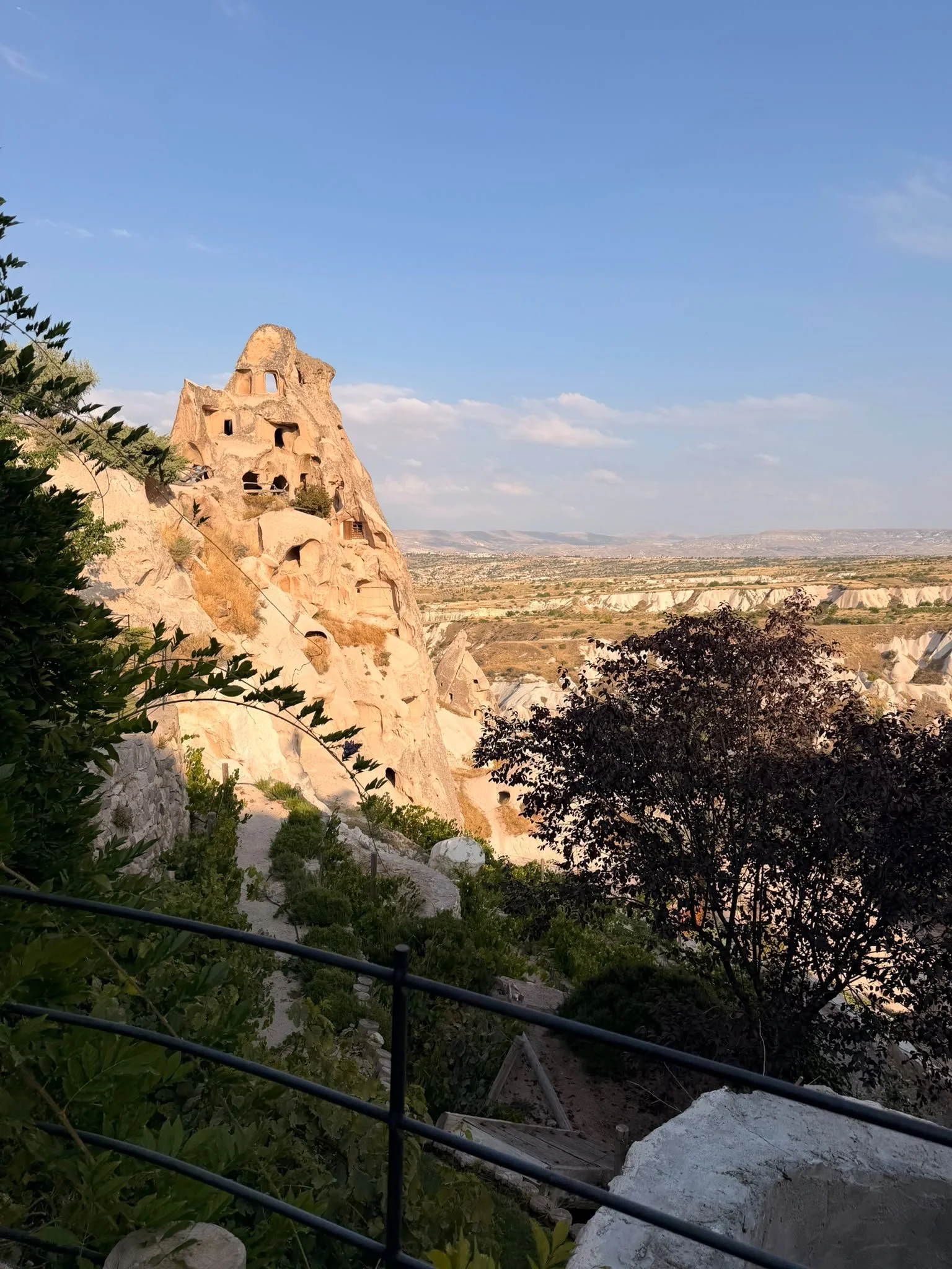 Seltsamer Felsen mit Höhlen, umgeben von Vegetation und Blick auf eine weite Ebene, bei sonnigem Wetter.