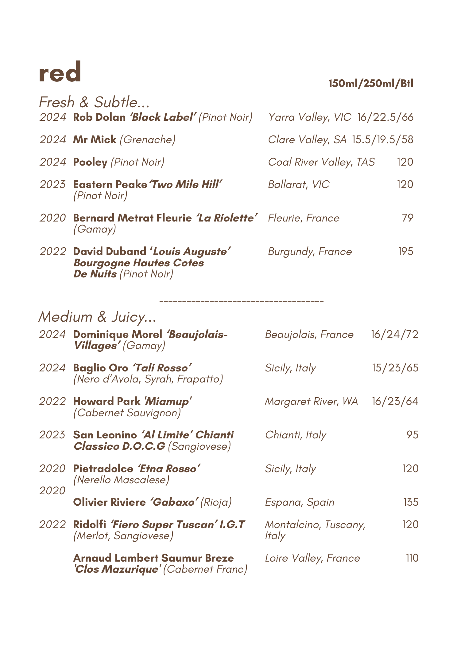 Flics Kitchen wine list, page 4