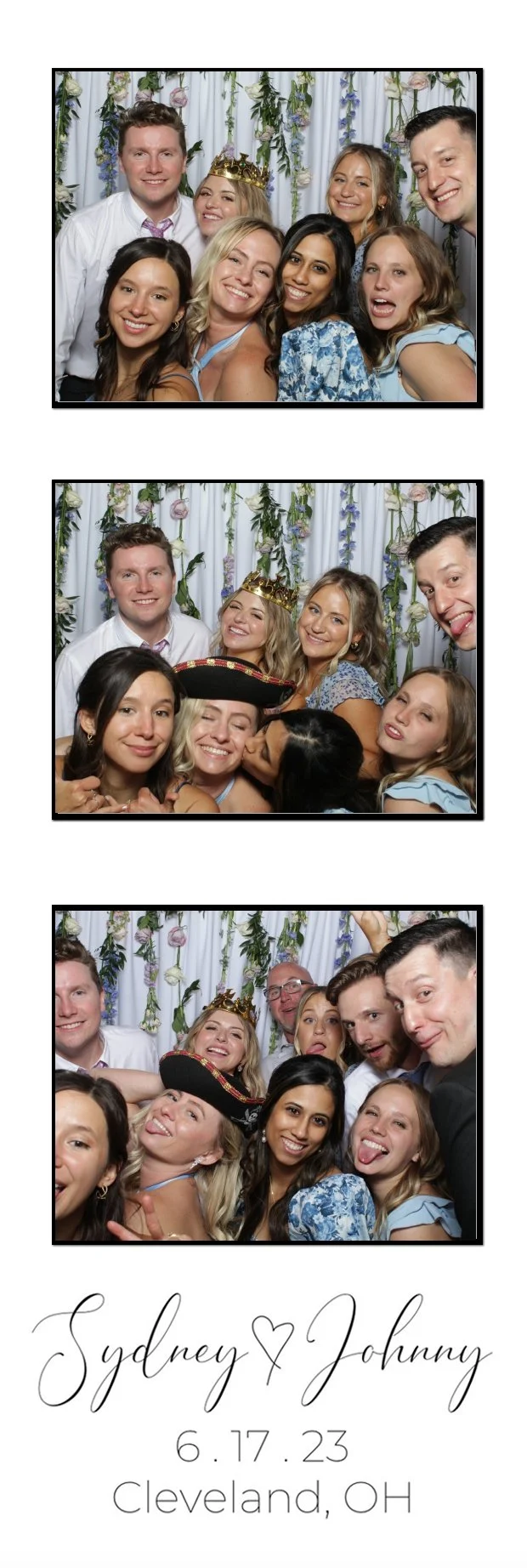 A white personalized wedding photo strip with three close-up group portraits of smiling guests.