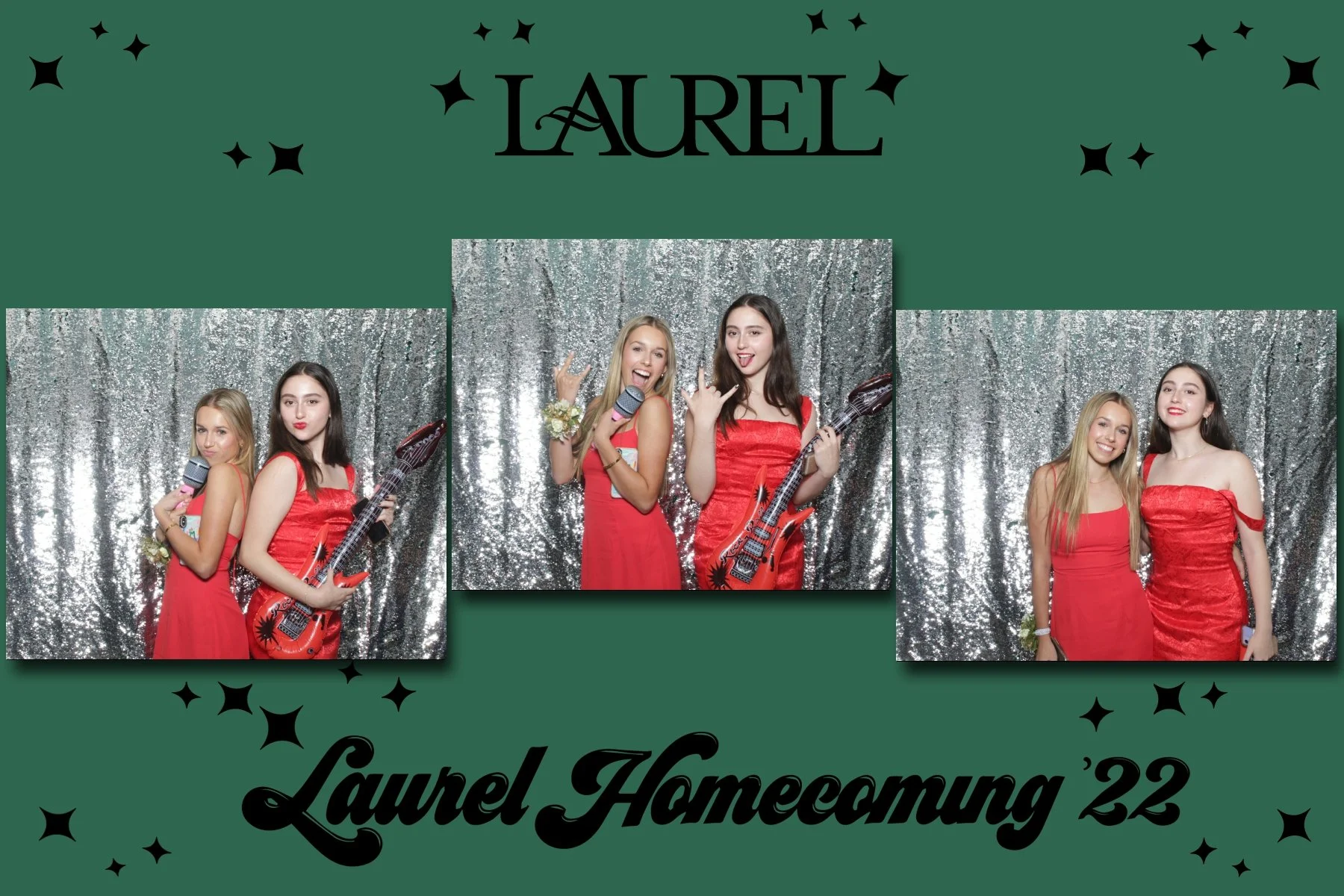 Two young women dressed in red outfits posing in front of a silver glittery backdrop at Laurel Homecoming '22, with one holding an electric guitar and the other holding a microphone, smiling and making fun gestures.