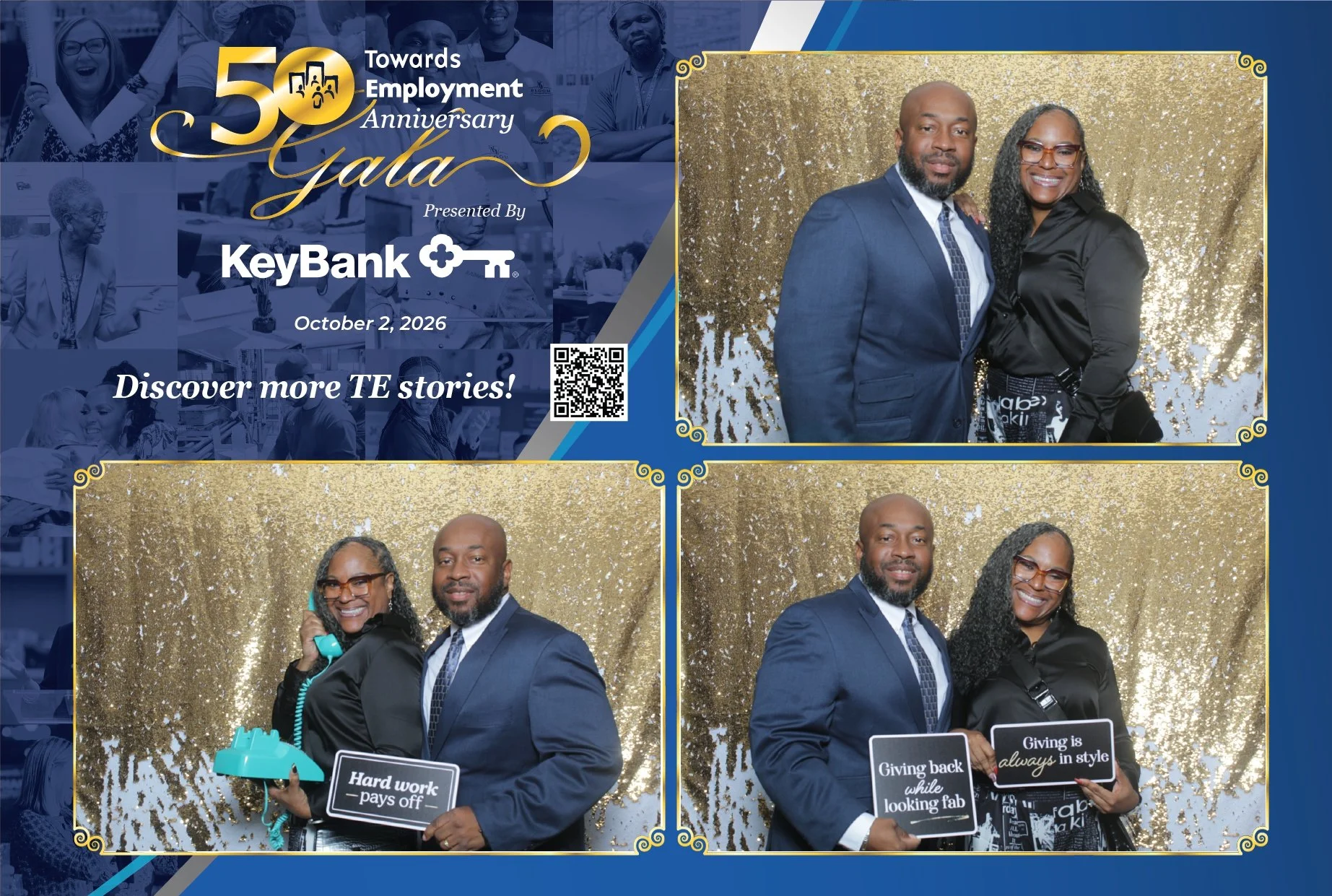 Towards Employment · 50th Anniversary Gala, October 2, 2026. Event-branded prints with sponsor branding and a QR code.